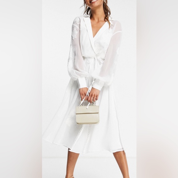 NWOT - ASOS DESIGN Embroidered wrap midi dress with satin & lace trim detail - Picture 2 of 4